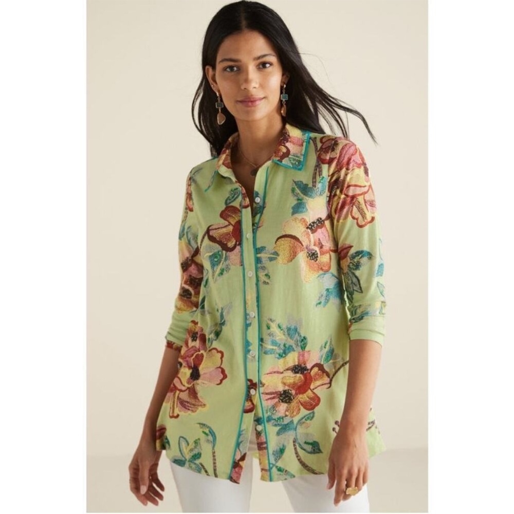 Soft Surroundings Elena Tropical Floral Mix Media Tunic Top‎